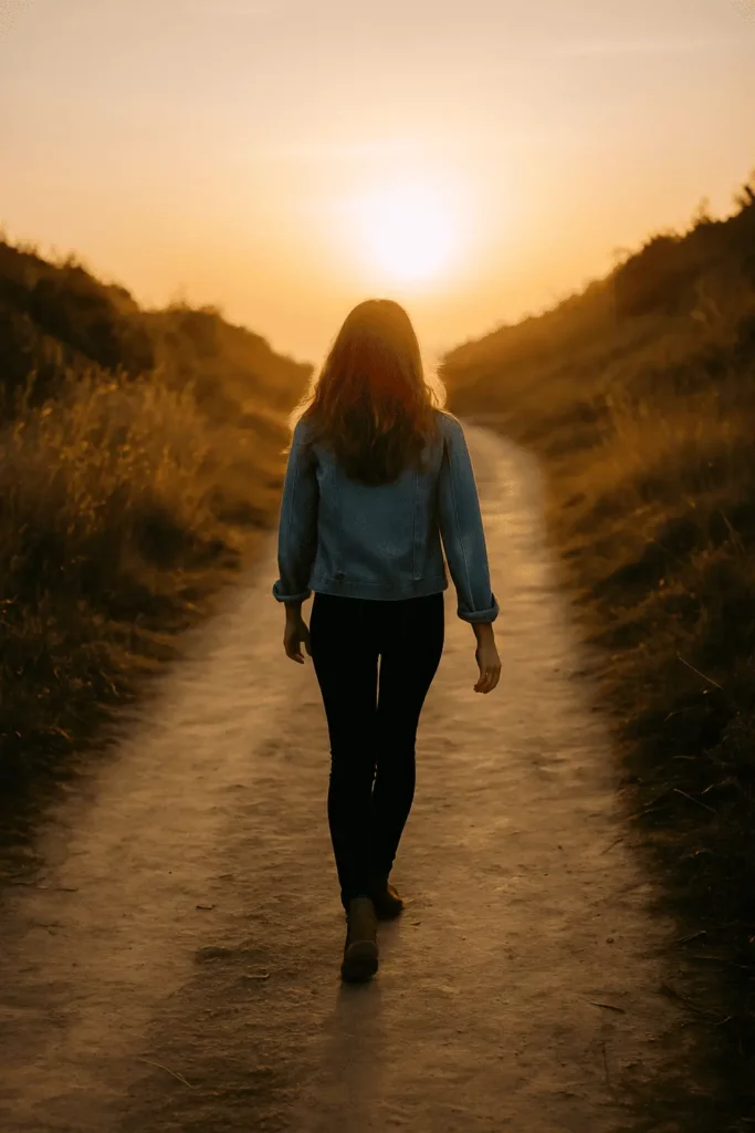 femme qui marche sur un chemin lumineux
