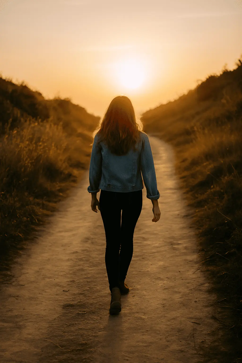 femme qui marche sur un chemin lumineux
